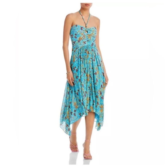 A.L.C. VIOLET BLUE TEAL SILK PRINTED HALTER SLEEVELESS ASYMMETRIC MIDI DRESS - Picture 2 of 9